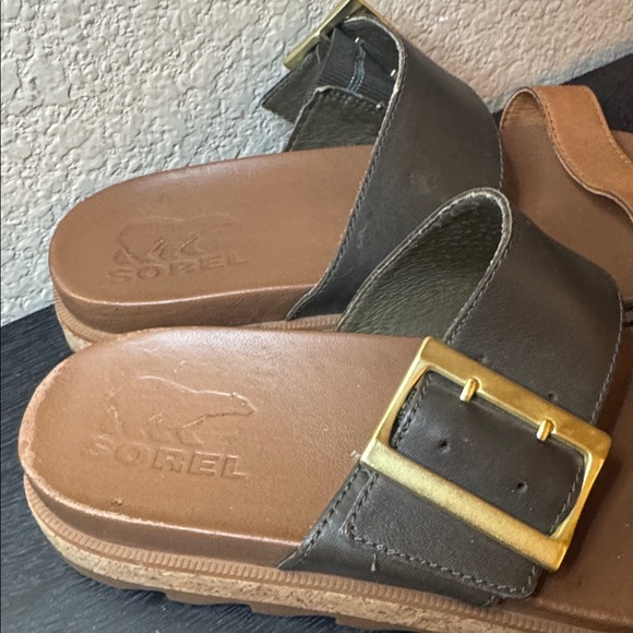 Sorel Roaring Slide Slip on Leather Sandals Black and Brown Size 7.5 - Picture 4 of 8